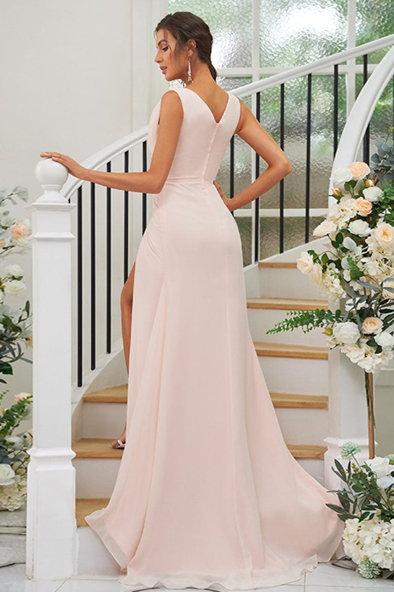 B4045 - V-Neck Sleeveless Ruched Chiffon A-Line Bridesmaid Dress With Slit