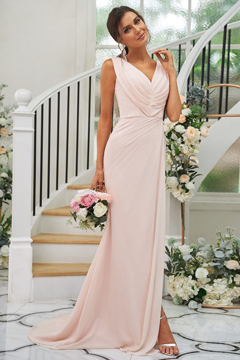 B4045 - V-Neck Sleeveless Ruched Chiffon A-Line Bridesmaid Dress With Slit