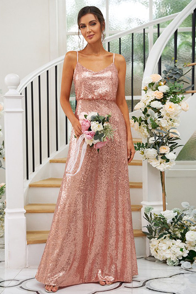 B4049 - Spaghetti Straps Sleeveless Sequins Ruched A-Line Bridesmaid Dress