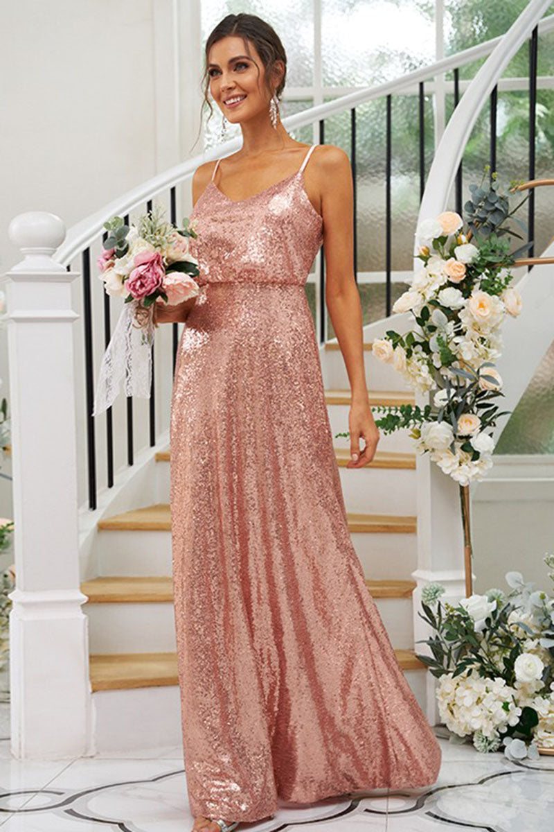 B4049 - Spaghetti Straps Sleeveless Sequins Ruched A-Line Bridesmaid Dress