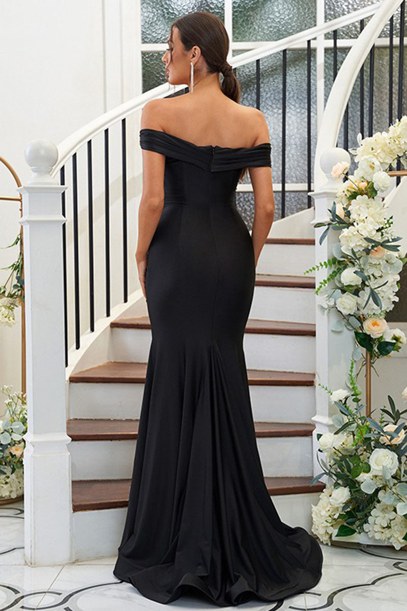 B4053 - Off-Shoulder Ruched Sleeveless Elastic Satin Sheath Bridesmaid Dress