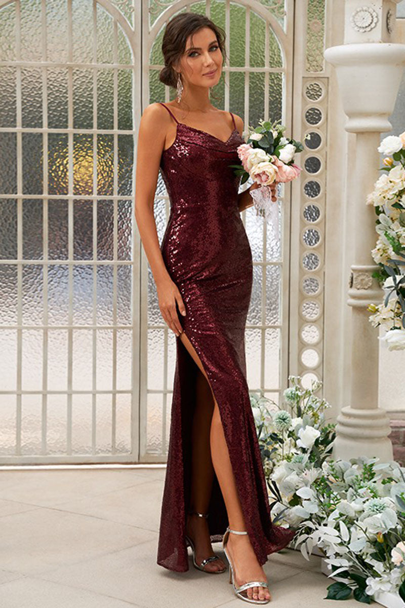 B4056 - V-Neck Spaghetti Straps Sequined Sheath Bridesmaid Dress With Slit