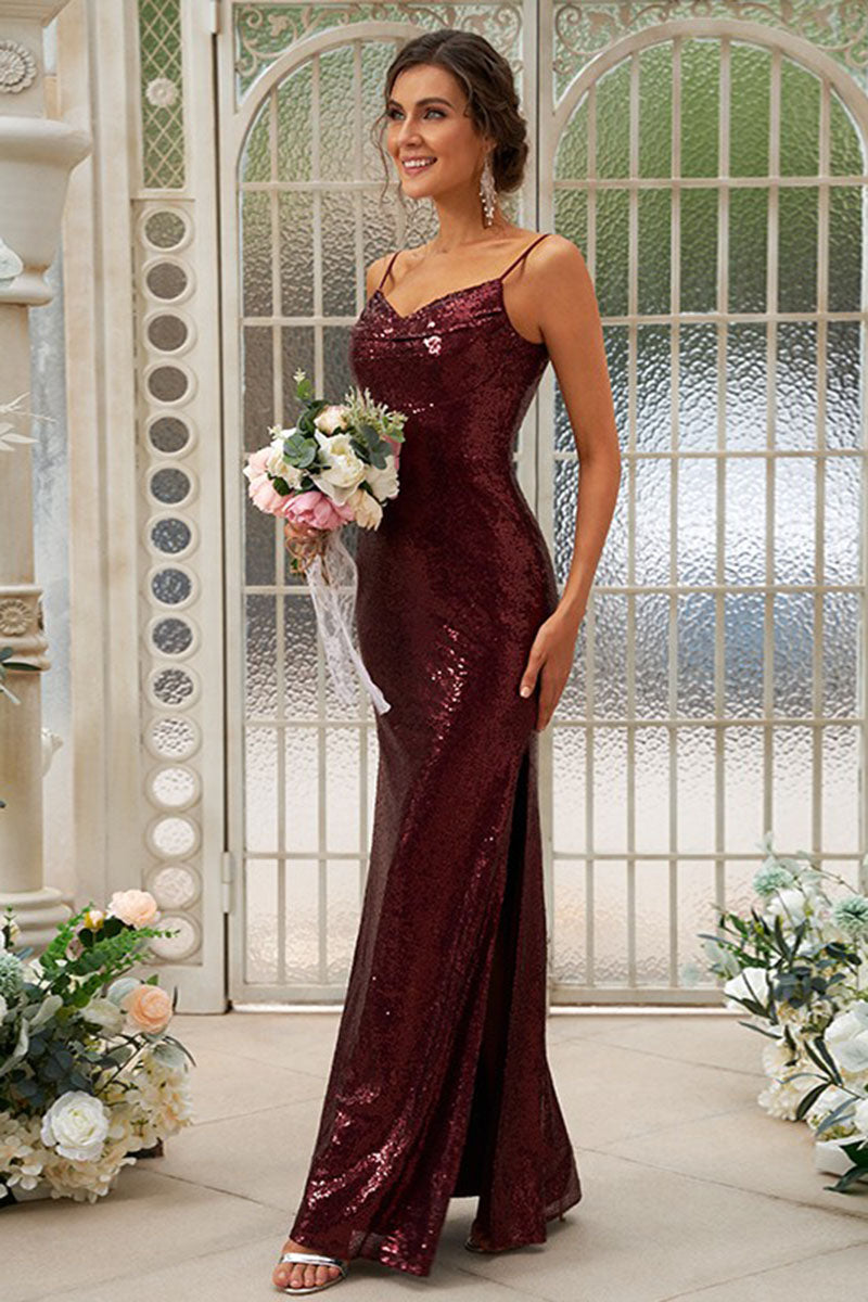 B4056 - V-Neck Spaghetti Straps Sequined Sheath Bridesmaid Dress With Slit