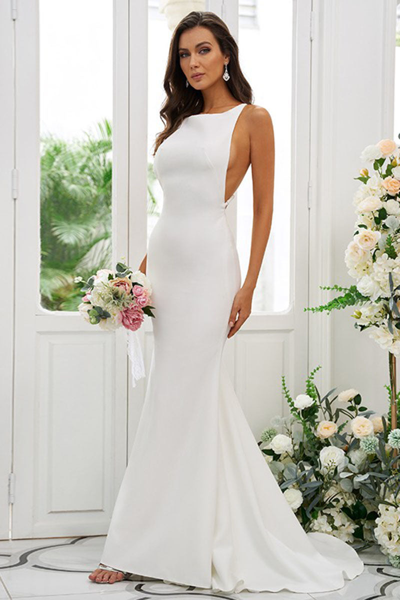 B4058 - Scoop Sleeveless Satin Sheath Bridesmaid Dress With Sweep Train