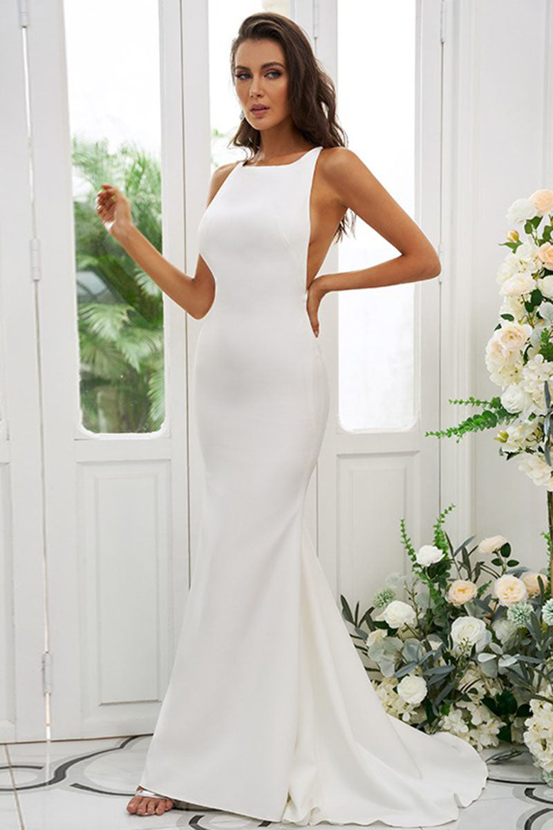 B4058 - Scoop Sleeveless Satin Sheath Bridesmaid Dress With Sweep Train