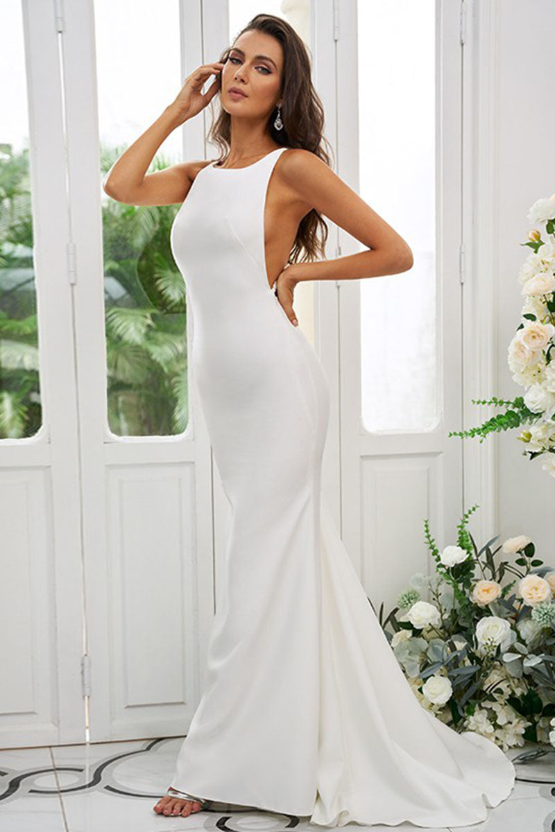 B4058 - Scoop Sleeveless Satin Sheath Bridesmaid Dress With Sweep Train