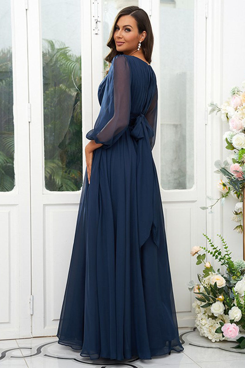 B4061 - Scoop Long Sleeves Ruched Chiffon A-Line Long Bridesmaid Dress