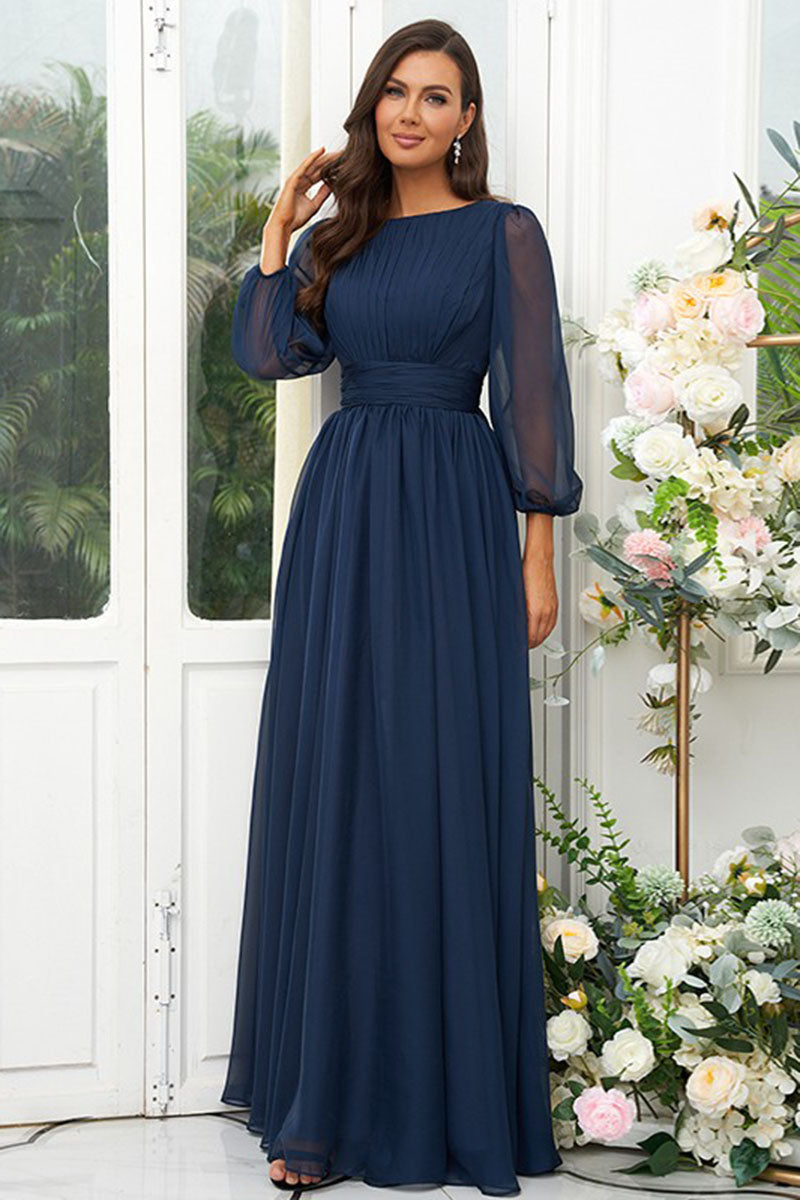 B4061 - Scoop Long Sleeves Ruched Chiffon A-Line Long Bridesmaid Dress