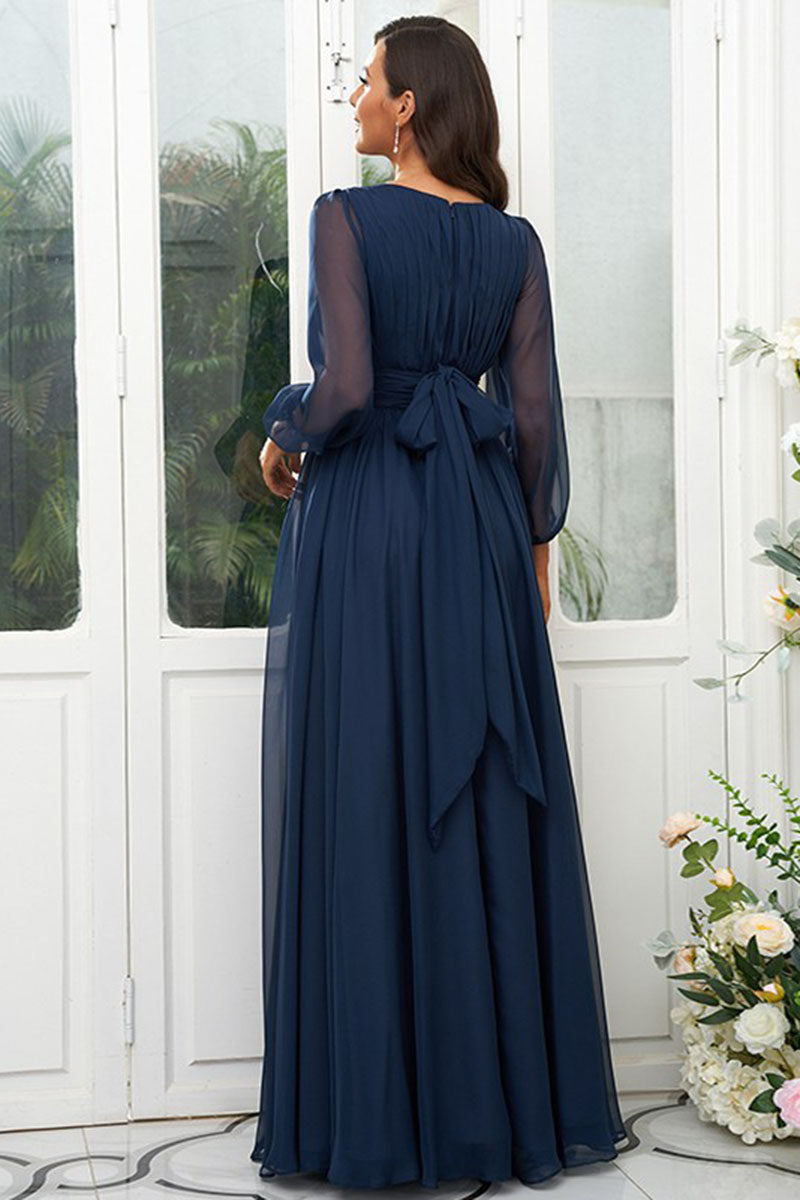 B4061 - Scoop Long Sleeves Ruched Chiffon A-Line Long Bridesmaid Dress