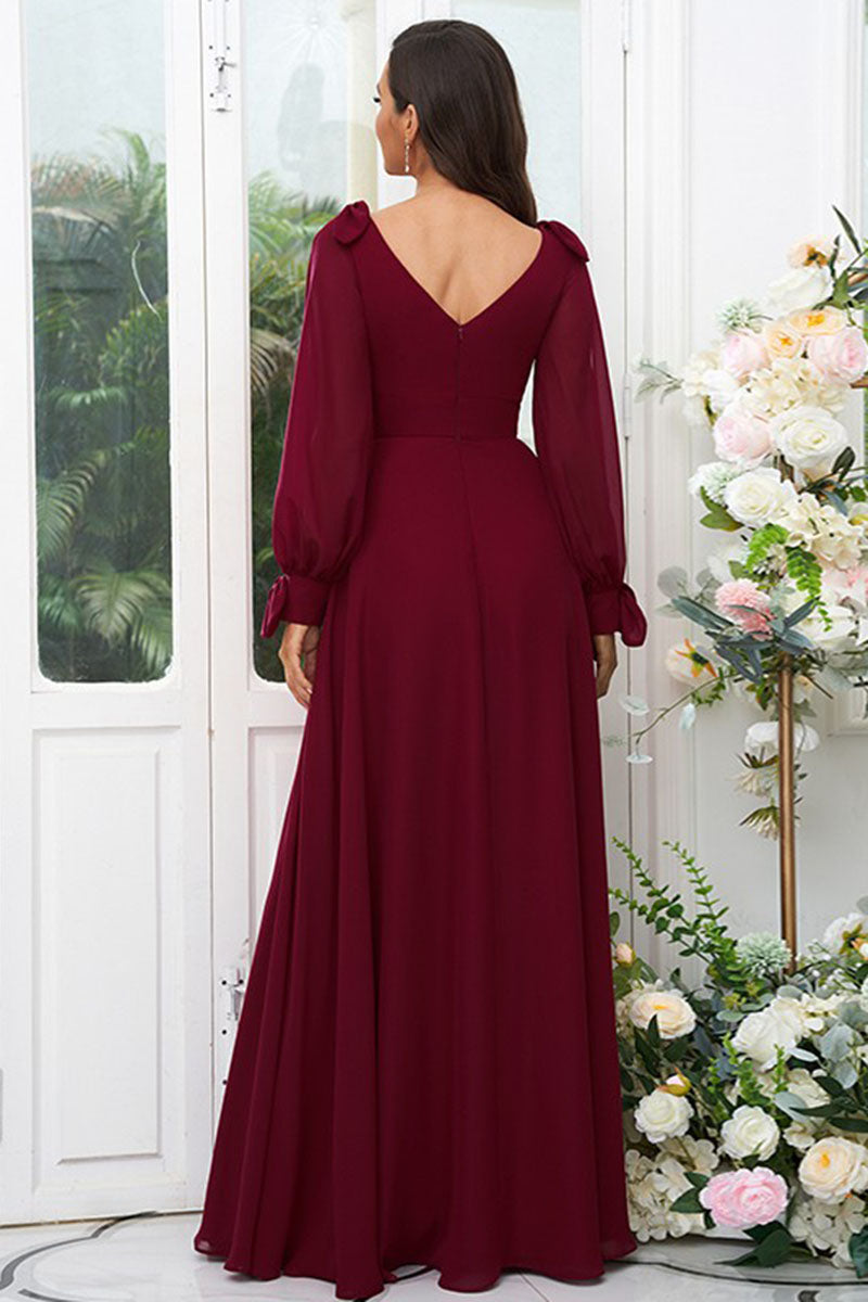 B4062 - V-Neck Long Sleeves Chiffon A-Line Long Bridesmaid Dress With Slit