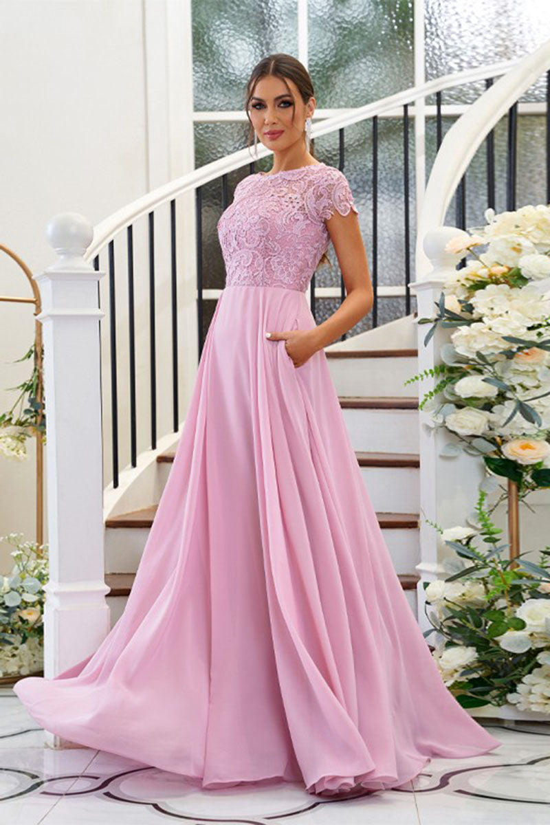 B4063 - Scoop Short Sleeves Lace Chiffon A-Line Long Bridesmaid Dress