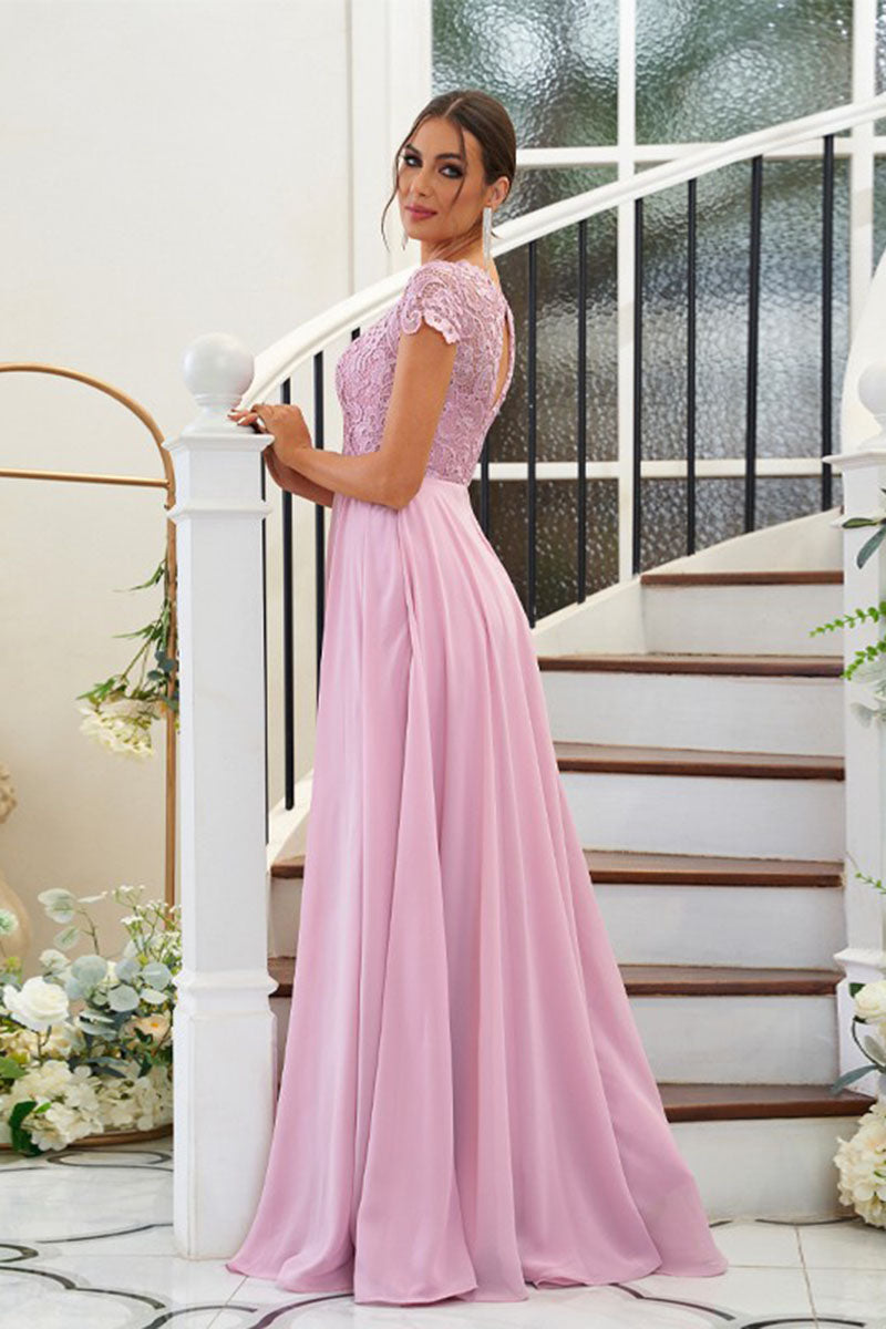 B4063 - Scoop Short Sleeves Lace Chiffon A-Line Long Bridesmaid Dress