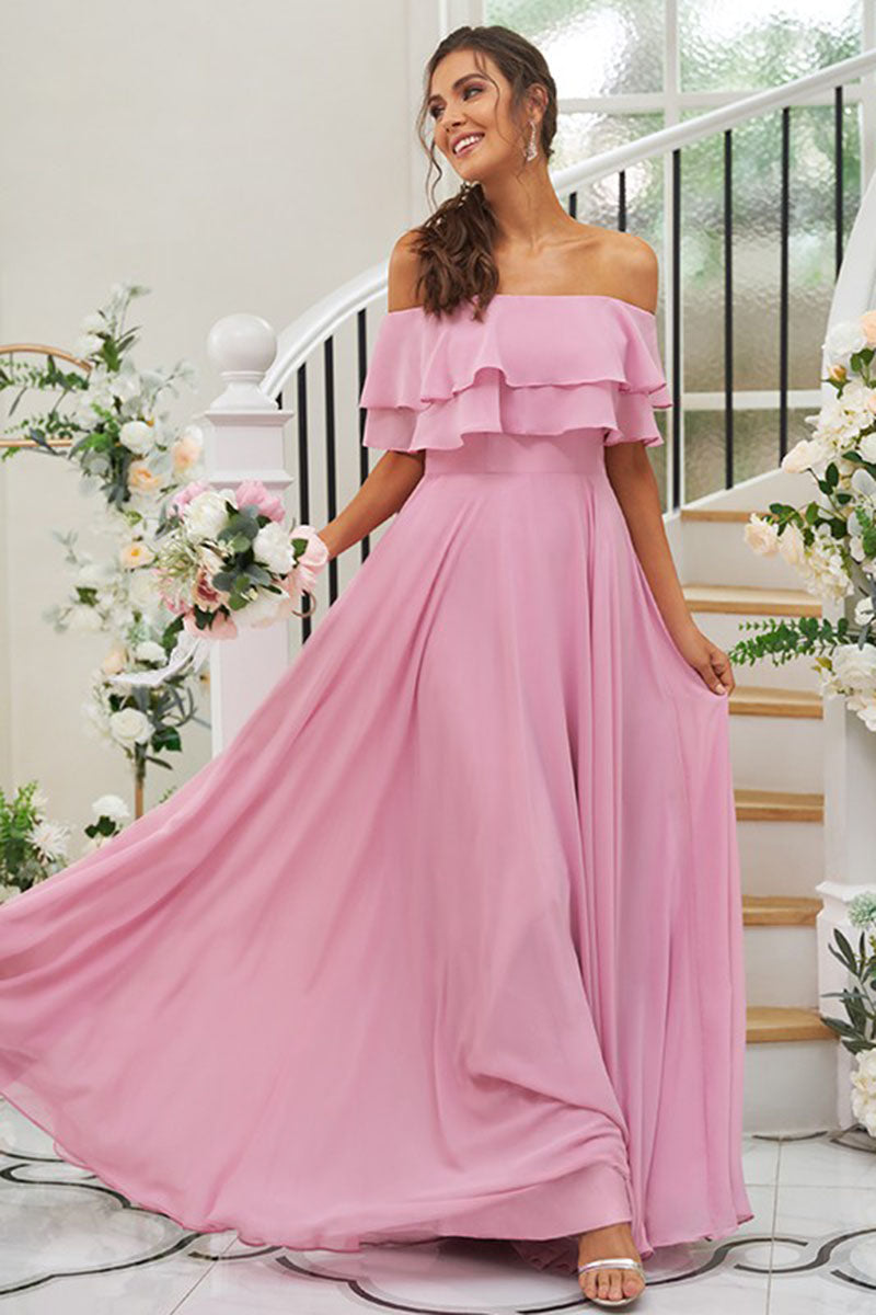 B4067 - Off-Shoulder Ruffles Ruched Chiffon A-Line Long Bridesmaid Dress