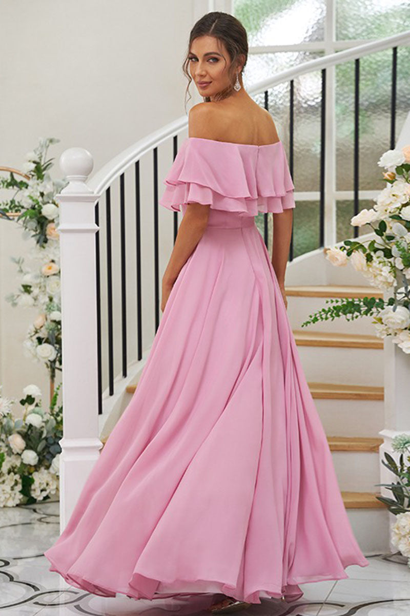 B4067 - Off-Shoulder Ruffles Ruched Chiffon A-Line Long Bridesmaid Dress