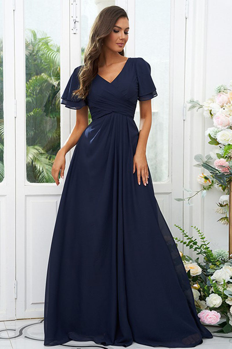 B4068 - V-Neck Short Sleeves Ruched Chiffon A-Line Long Bridesmaid Dress