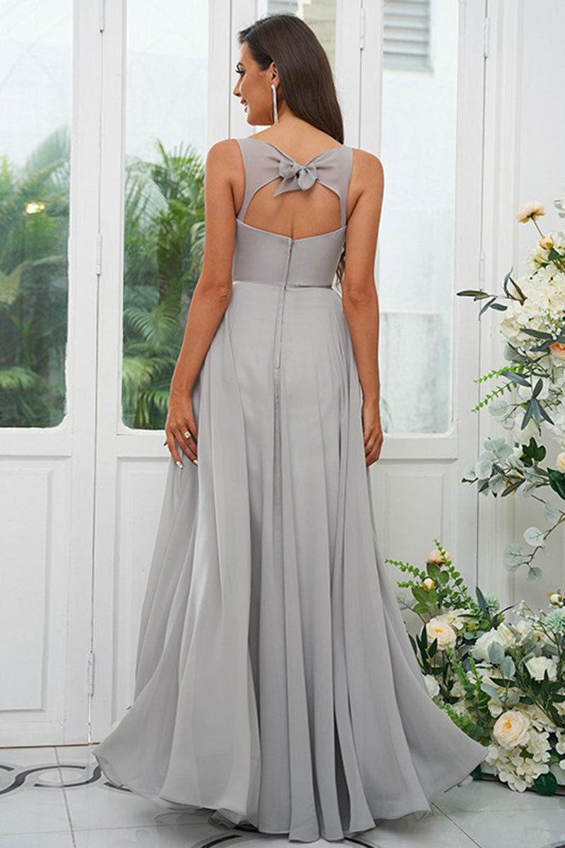 B4069 - V-Neck Cut Outs Chiffon A-Line Long Bridesmaid Dress With Bow