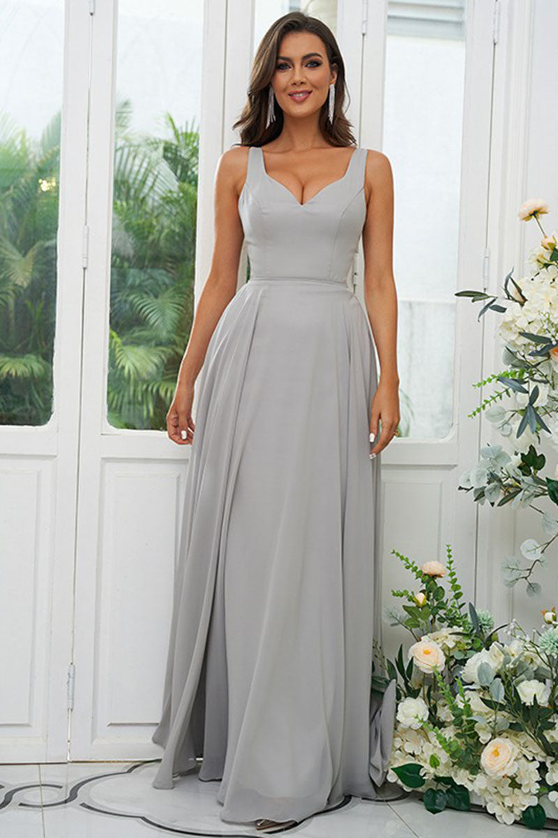 B4069 - V-Neck Cut Outs Chiffon A-Line Long Bridesmaid Dress With Bow