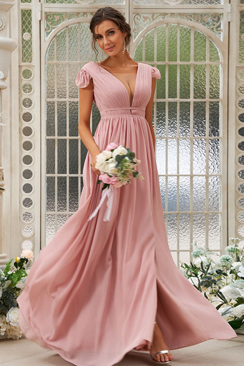 B4070 - Low V-Neck Cap Sleeves Ruched Chiffon A-Line Bridesmaid Dress