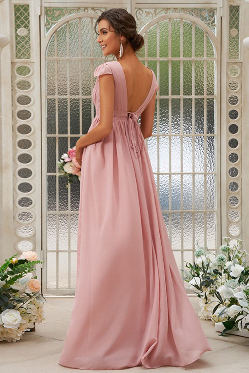 B4070 - Low V-Neck Cap Sleeves Ruched Chiffon A-Line Bridesmaid Dress