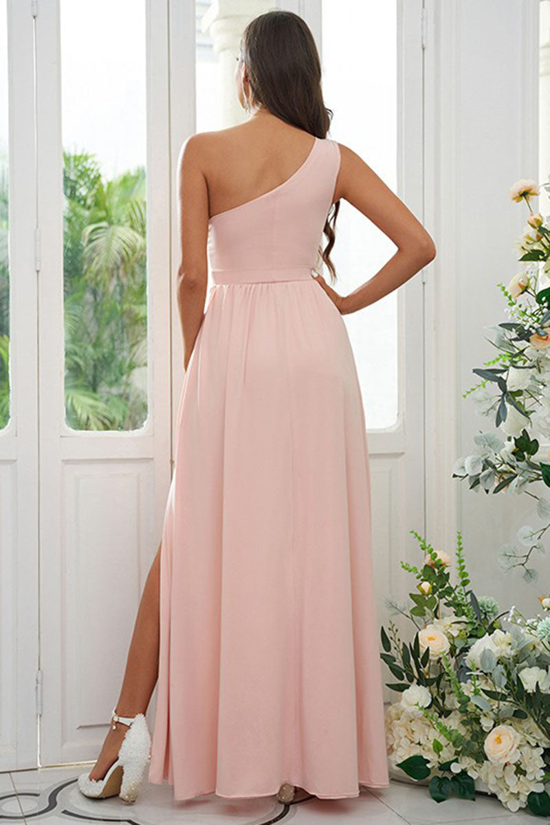 B4071 - One Shoulder Ruched Satin A-Line Long Bridesmaid Dress With Slit