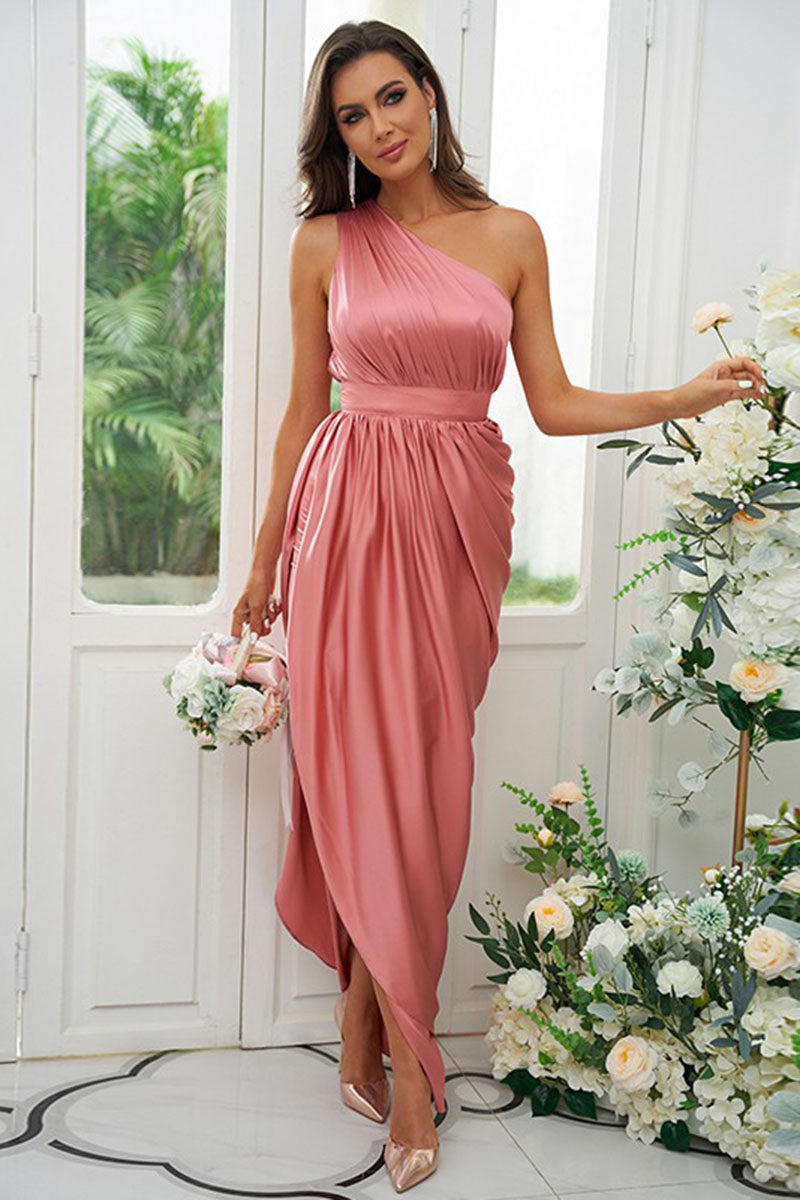 B4072 - One Shoulder Ruched Satin A-Line Long Bridesmaid Dress With Slit