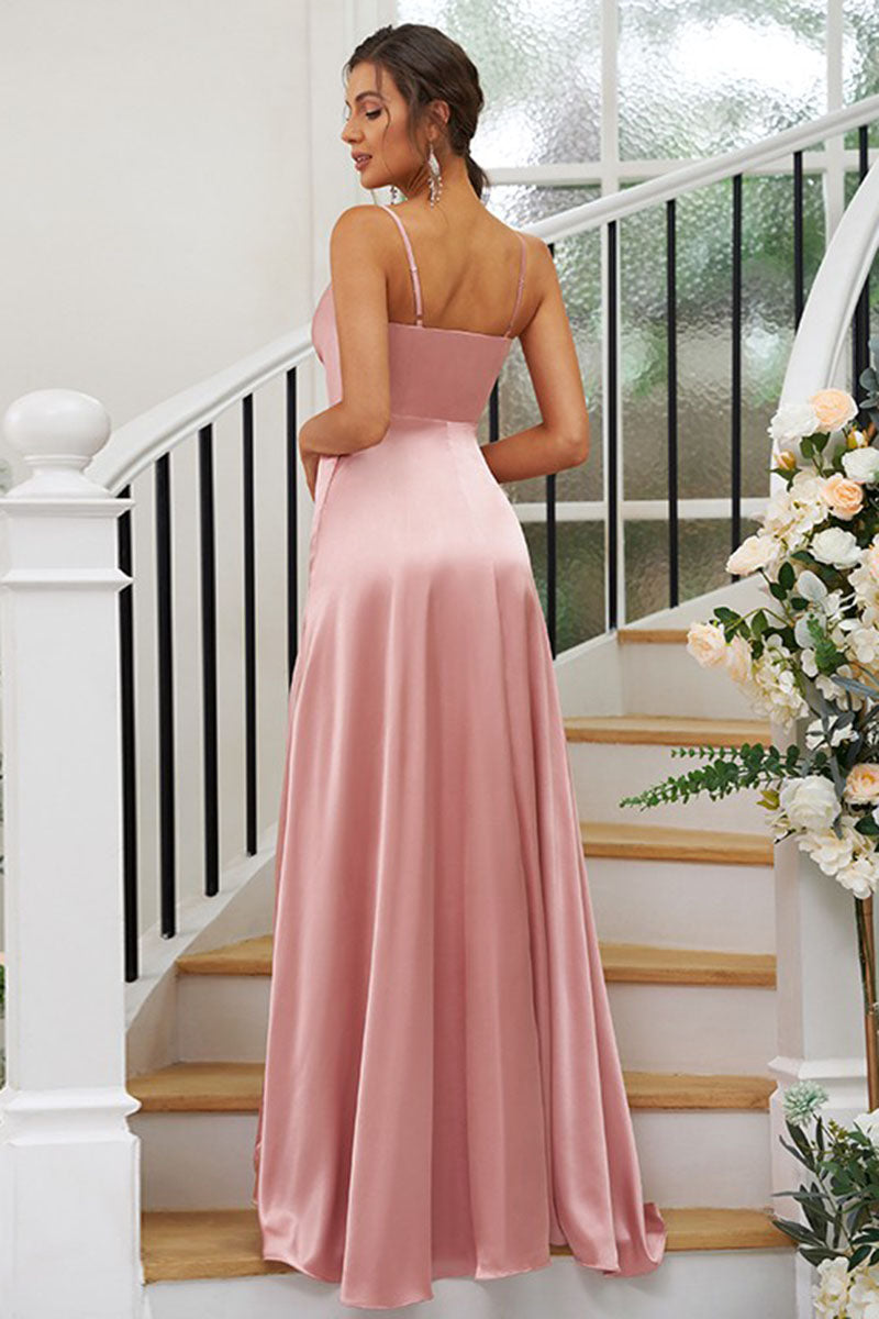 B4073 - V-Neck Spaghetti Straps Ruched Satin A-Line Long Bridesmaid Dress