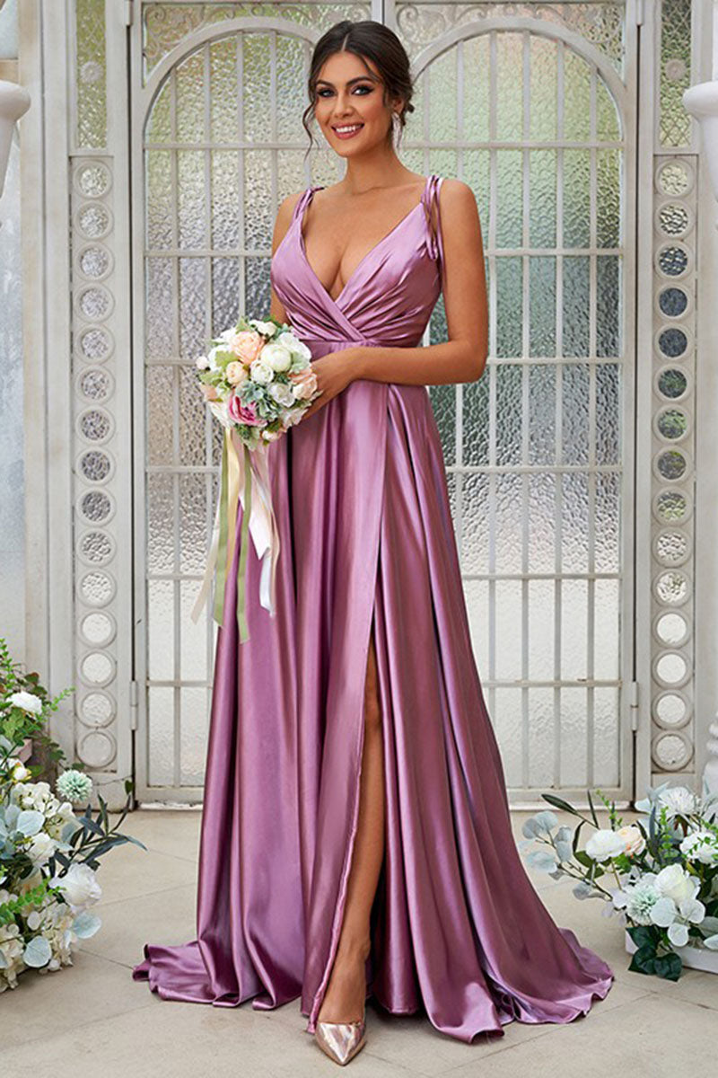 B4074 - V-Neck Spaghetti Straps Ruched Satin A-Line Long Bridesmaid Dress