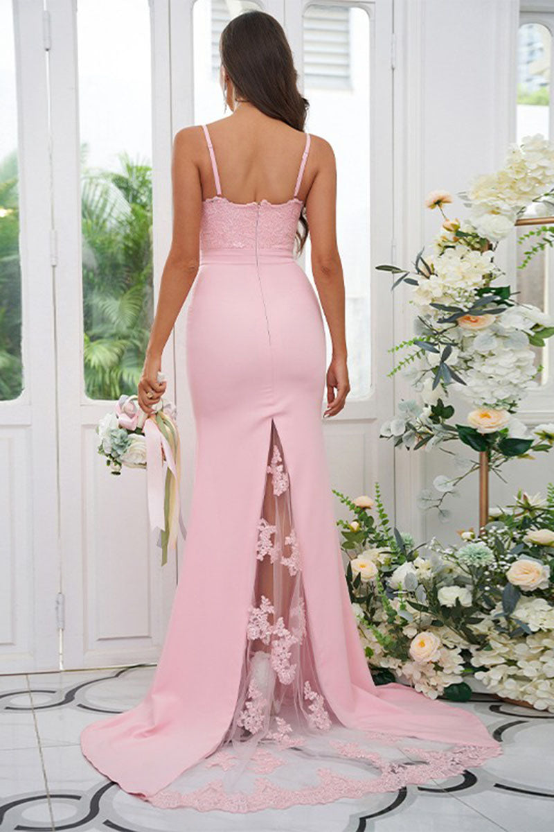 B4077 - Sweetheart Spaghetti Straps Lace Satin Mermaid Long Bridesmaid Dress