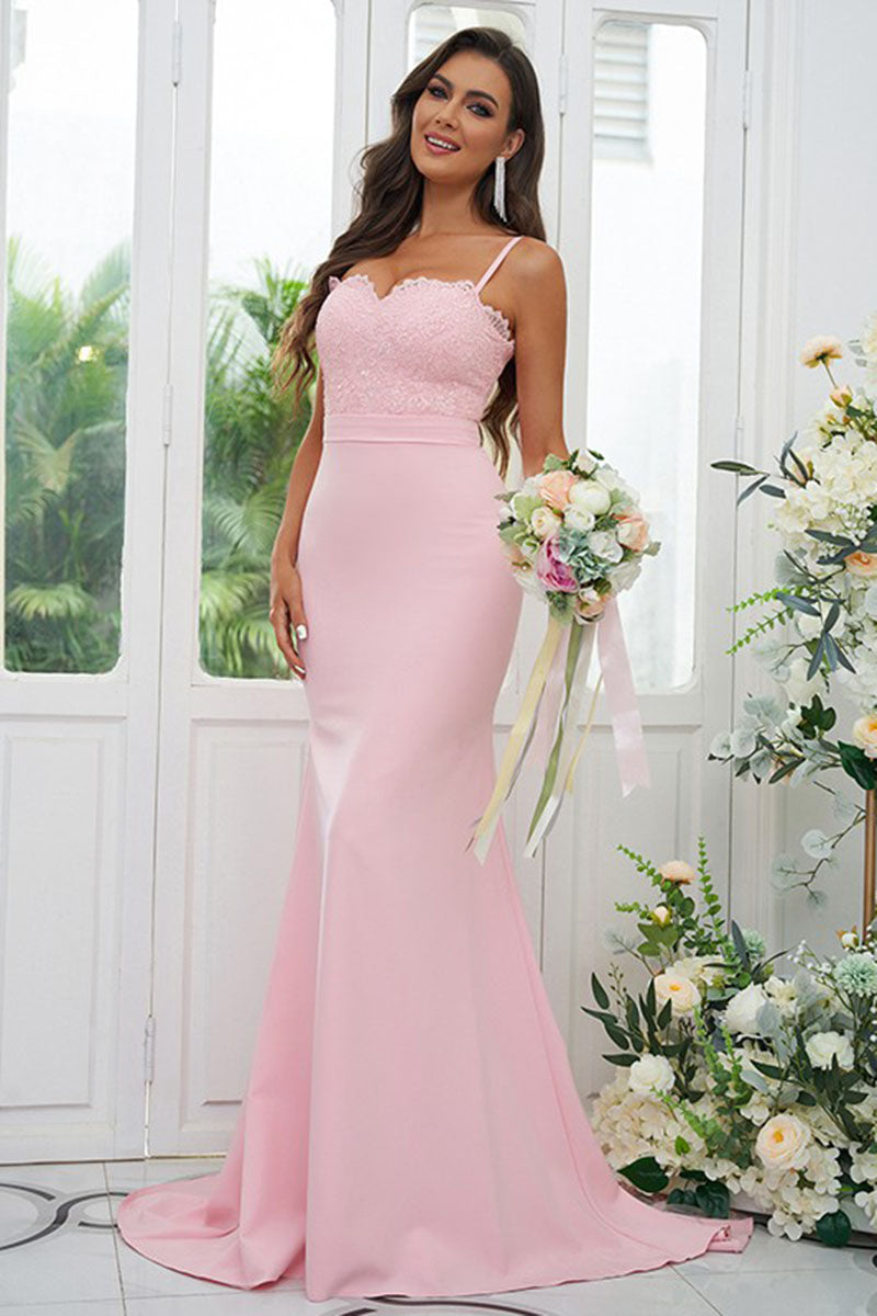 B4077 - Sweetheart Spaghetti Straps Lace Satin Mermaid Long Bridesmaid Dress