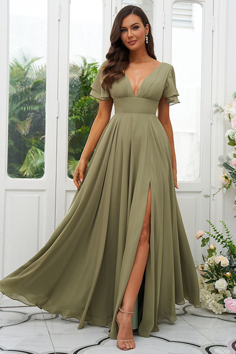 B4080 - V-Neck Short Sleeves Chiffon A-Line Long Bridesmaid Dress With Slit