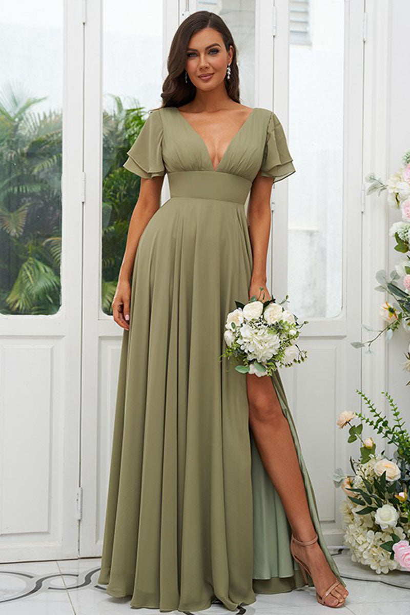 B4080 - V-Neck Short Sleeves Chiffon A-Line Long Bridesmaid Dress With Slit