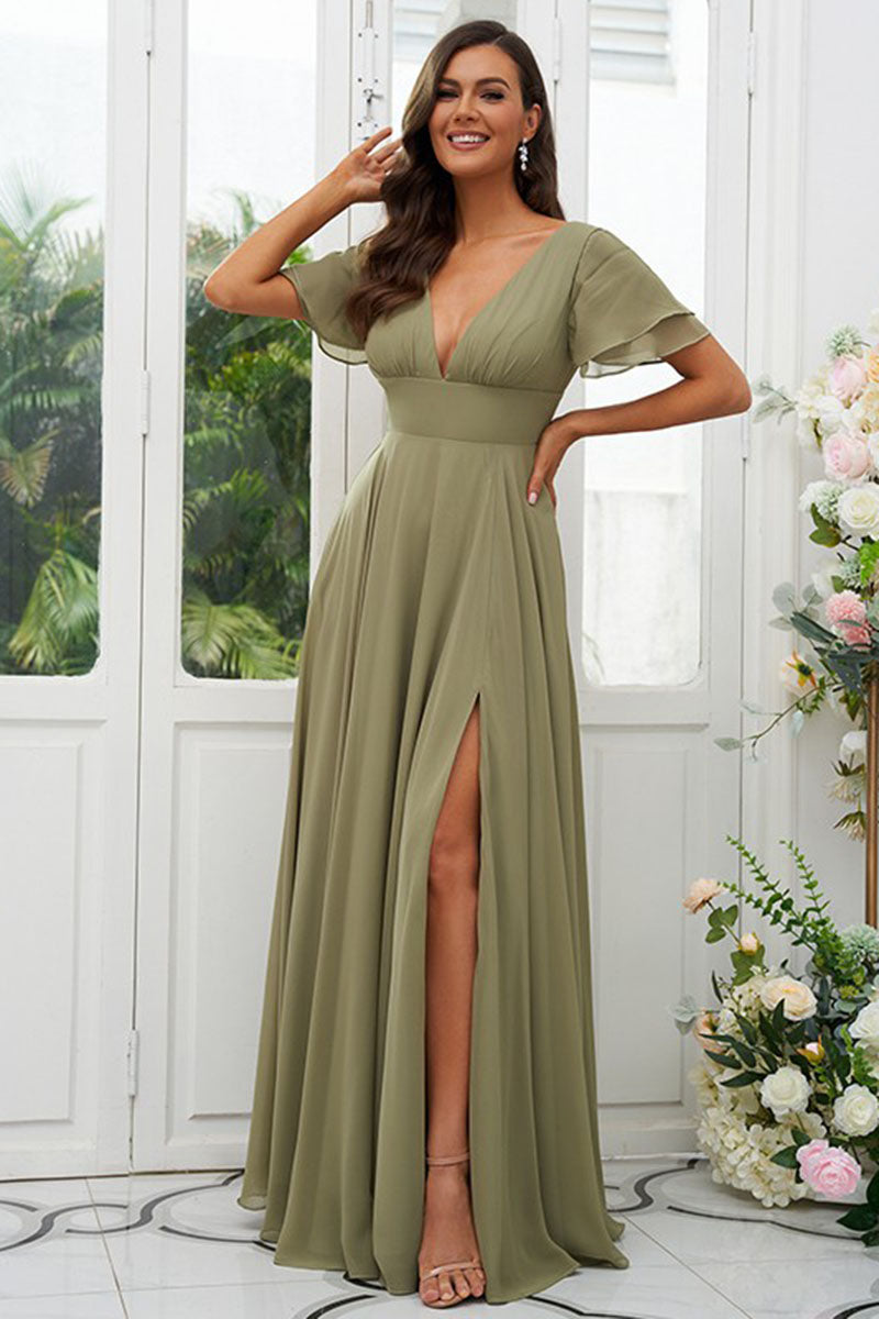 B4080 - V-Neck Short Sleeves Chiffon A-Line Long Bridesmaid Dress With Slit