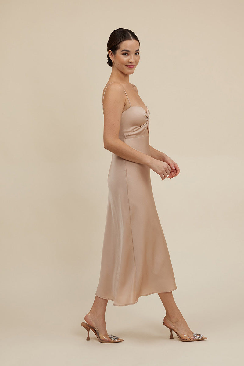 B4094 - V-Neck Spaghetti Straps Bow Cut Outs Satin Midi Bridesmaid Dress