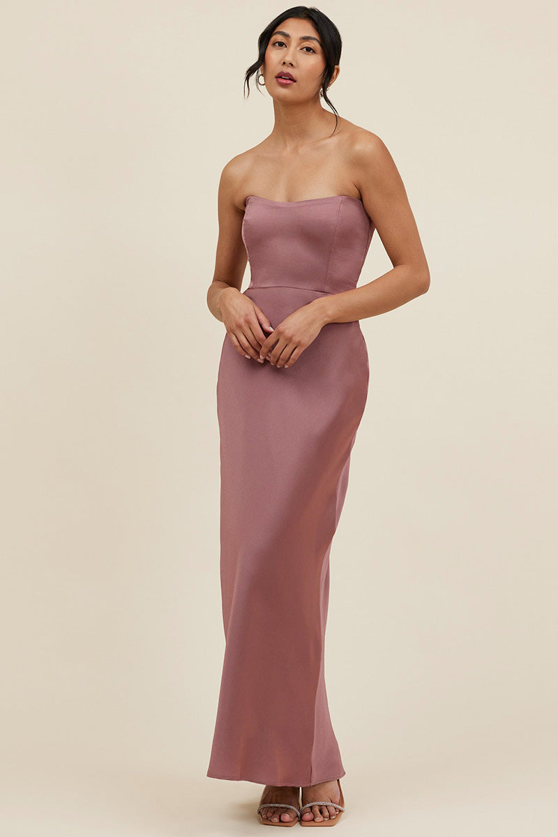 B4096 - Simple Strapless Satin Sheath Long Bridesmaid Dress