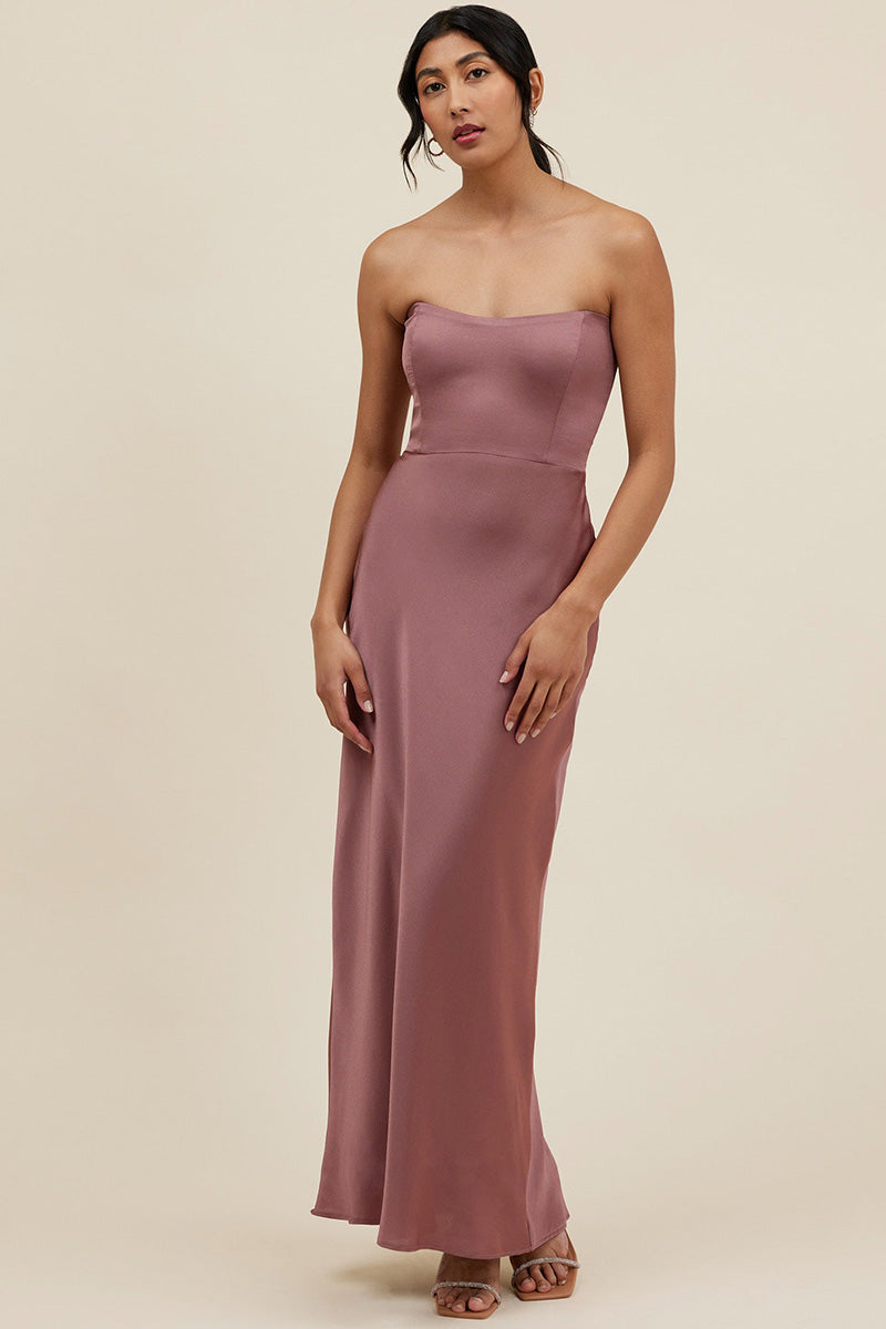 B4096 - Simple Strapless Satin Sheath Long Bridesmaid Dress