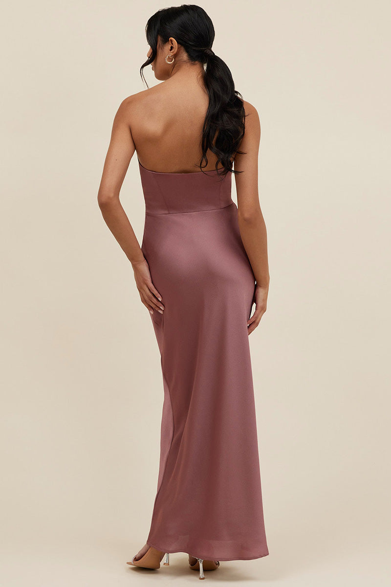 B4096 - Simple Strapless Satin Sheath Long Bridesmaid Dress