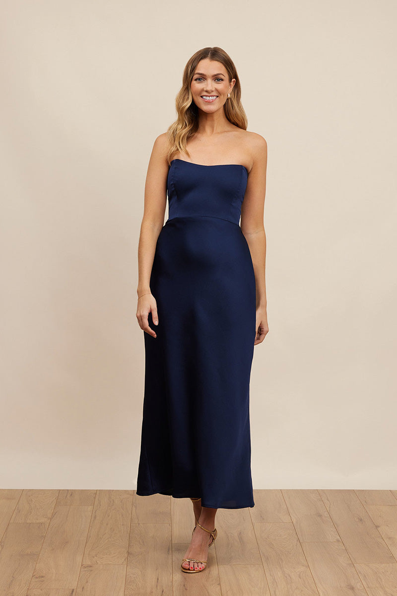 B4097 - Simple Strapless Satin Sheath Long Bridesmaid Dress