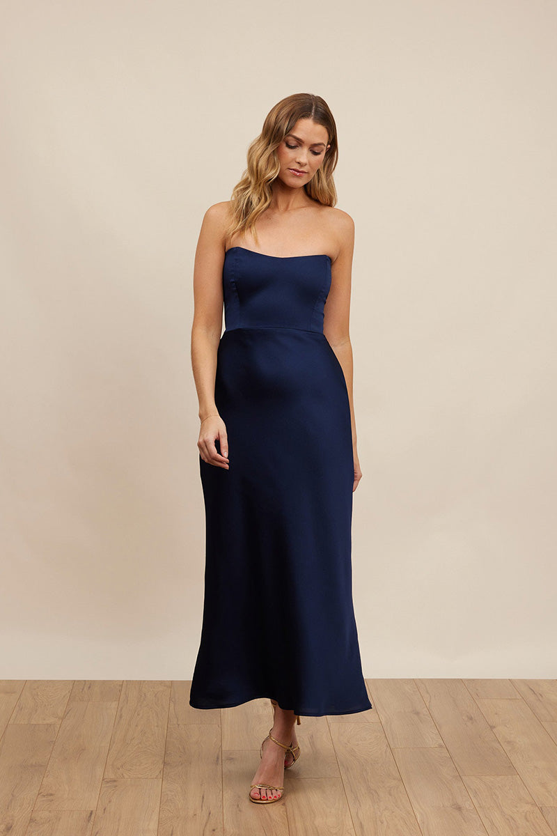 B4097 - Simple Strapless Satin Sheath Long Bridesmaid Dress