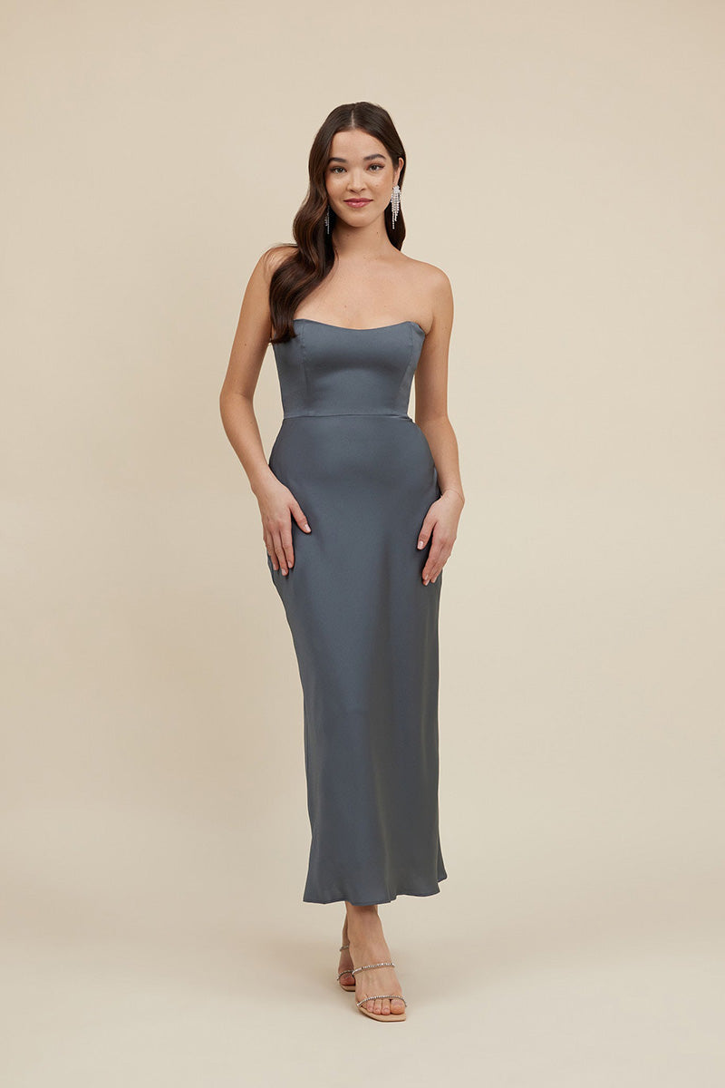 B4098 - Simple Strapless Satin Sheath Long Bridesmaid Dress