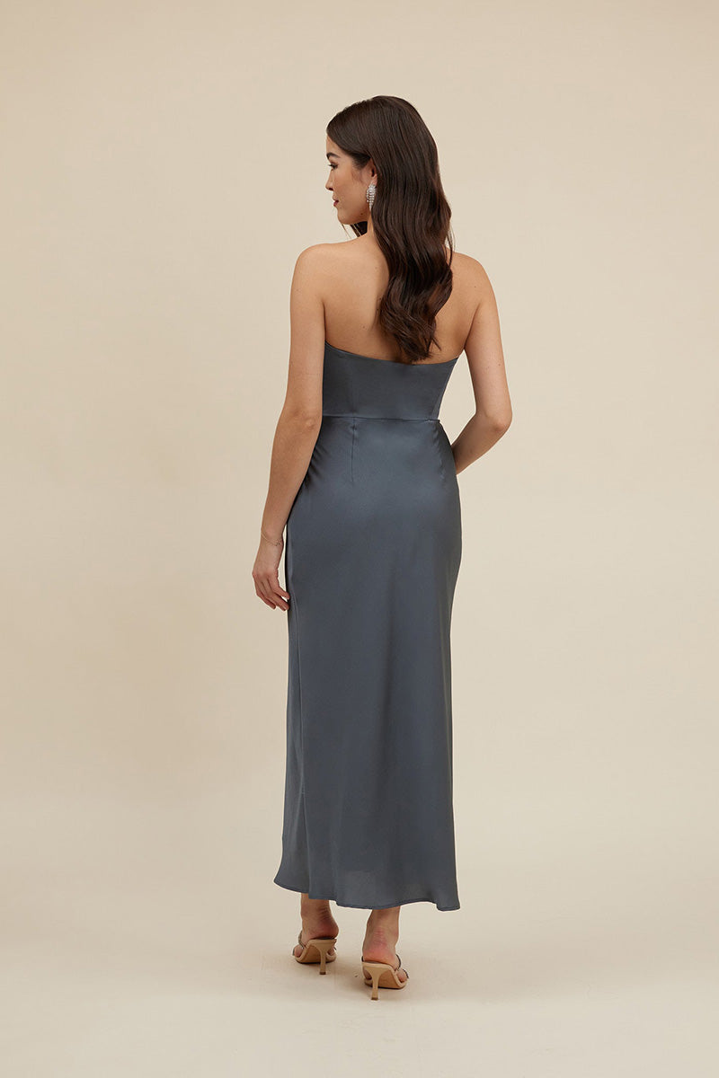 B4098 - Simple Strapless Satin Sheath Long Bridesmaid Dress