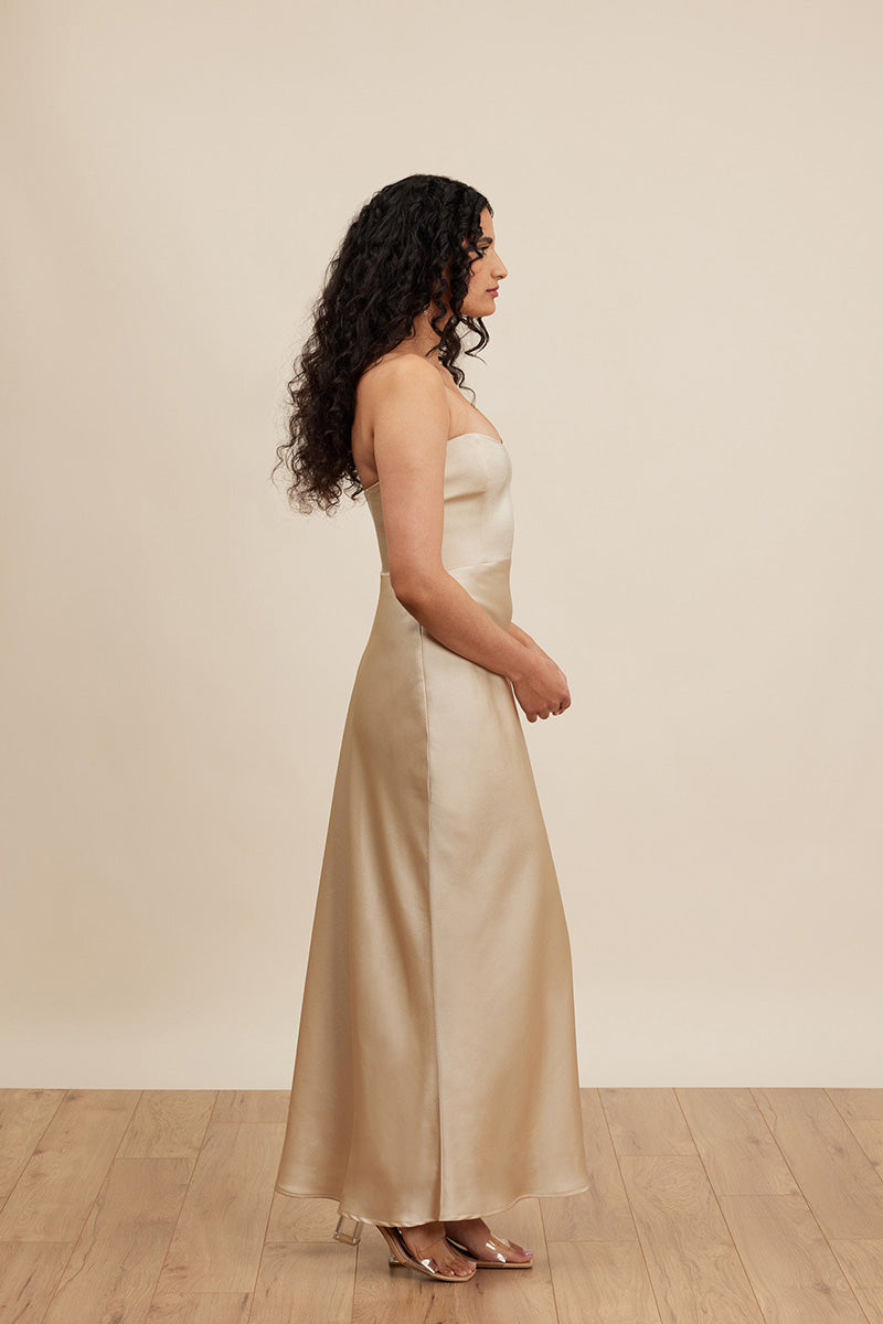 B4099 - Simple Strapless Satin Sheath Long Bridesmaid Dress