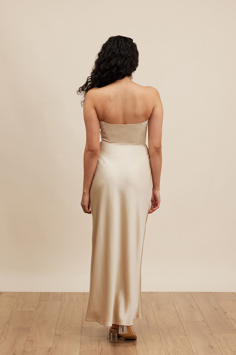 B4099 - Simple Strapless Satin Sheath Long Bridesmaid Dress