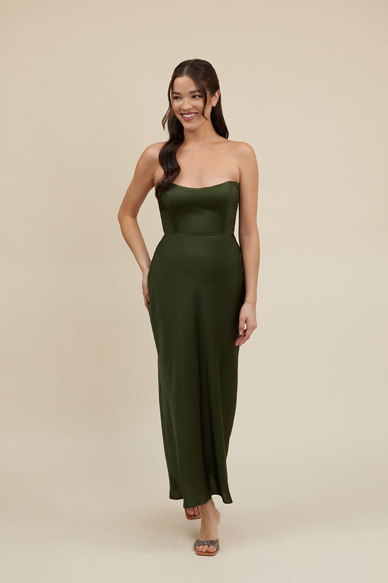 B4100 - Simple Strapless Satin Sheath Long Bridesmaid Dress