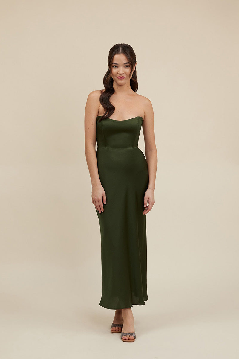 B4100 - Simple Strapless Satin Sheath Long Bridesmaid Dress