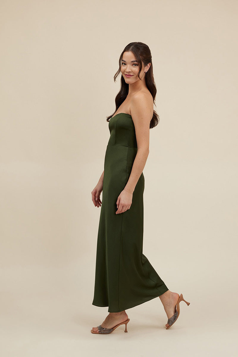 B4100 - Simple Strapless Satin Sheath Long Bridesmaid Dress