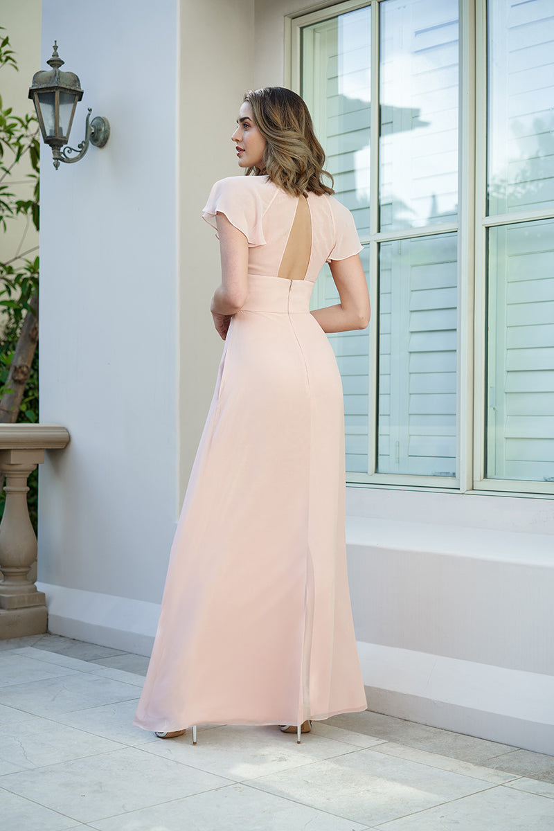 B4103 - Scoop Short Sleeves Sheer Chiffon A-Line Long Bridesmaid Dress