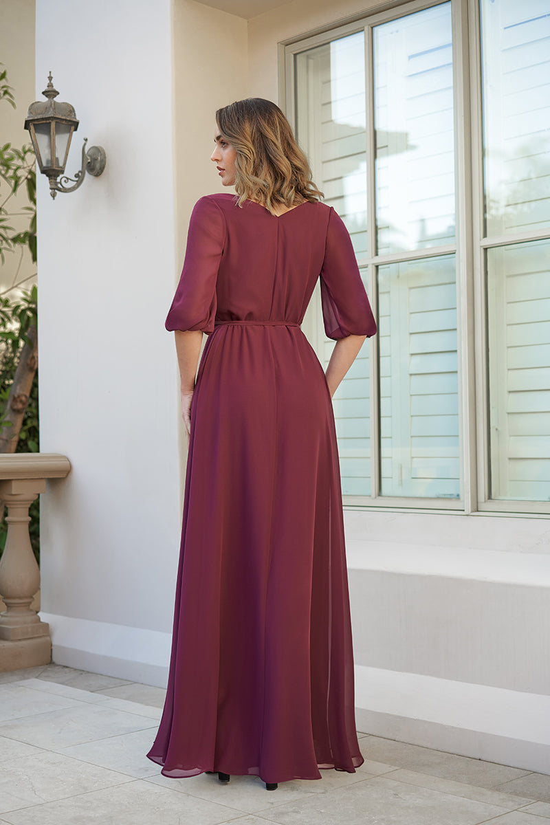 B4104 - V-Neck Half Sleeves Ruched A-Line Long Bridesmaid Dress With Slit