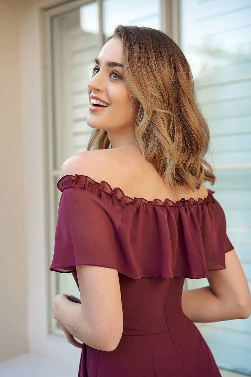 B4106 - Off-Shoulder Ruffles Chiffon A-Line Long Bridesmaid Dress