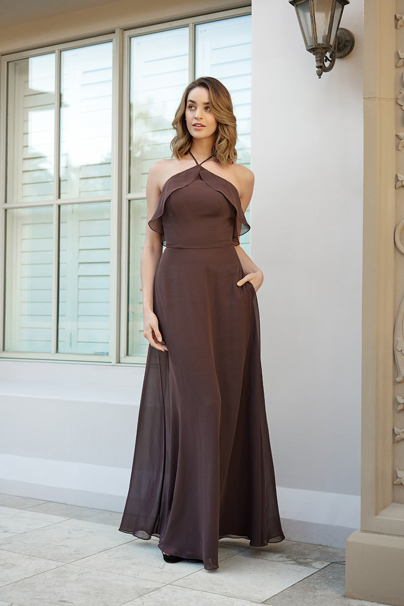 B4108 - Halter Ruffles Chiffon A-Line Long Bridesmaid Dress