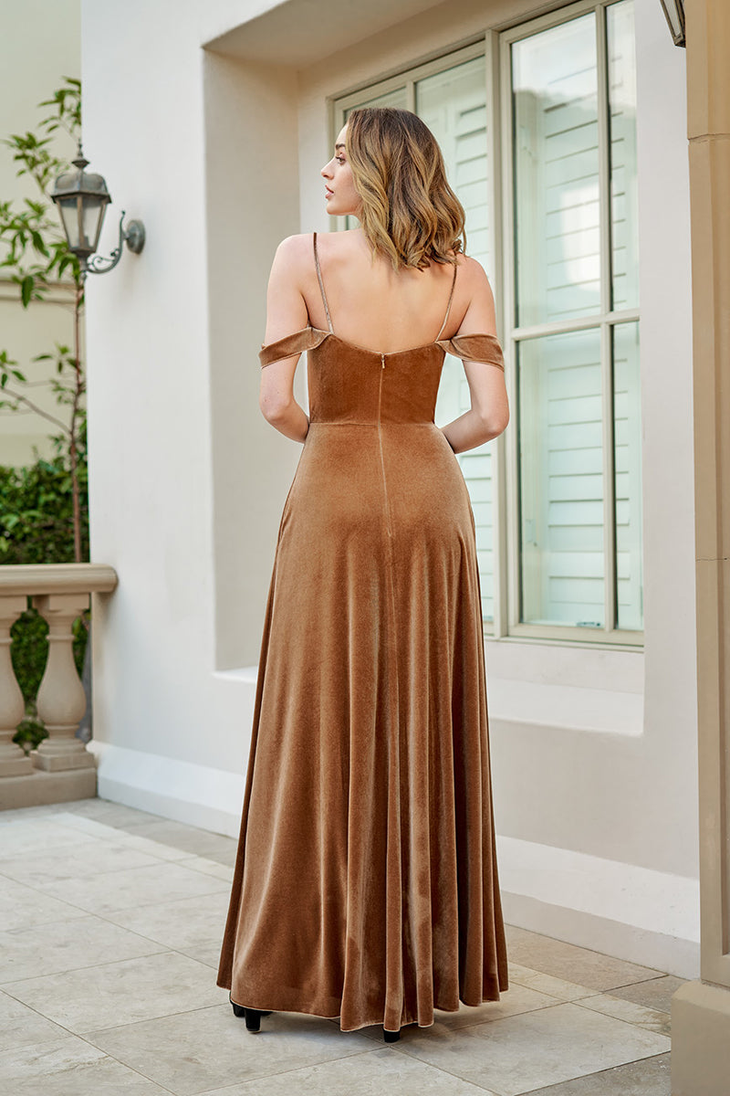 B4119 - Off-Shoulder Spaghetti Straps Velvet A-Line Long Bridesmaid Dress